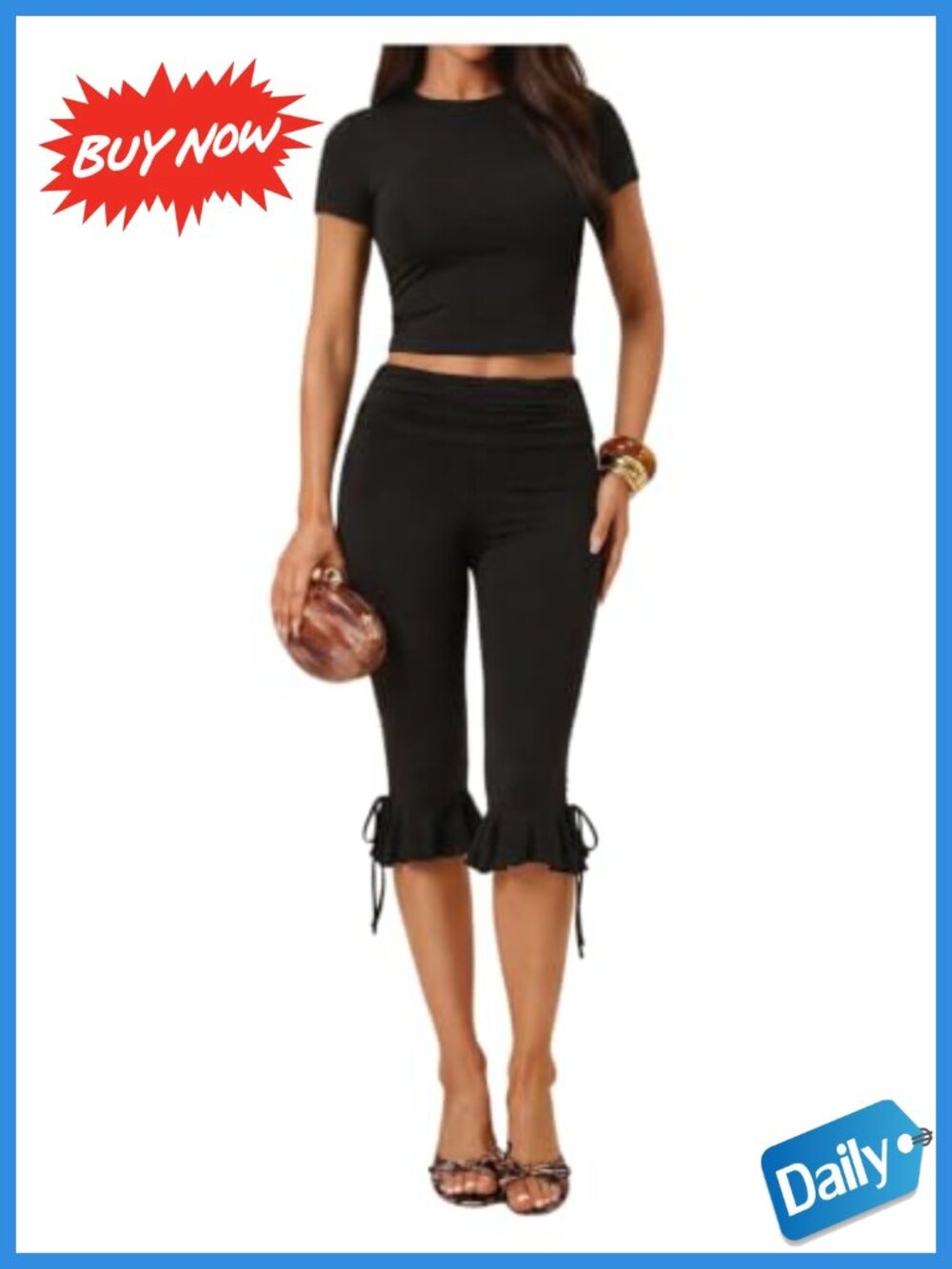 2 Piece Co-ord Set Crop Top & Ruffle Capri Pants Slim Fit